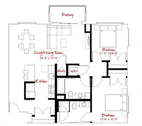 Floor plan for 2 beds, 2 baths, 1095 sqft